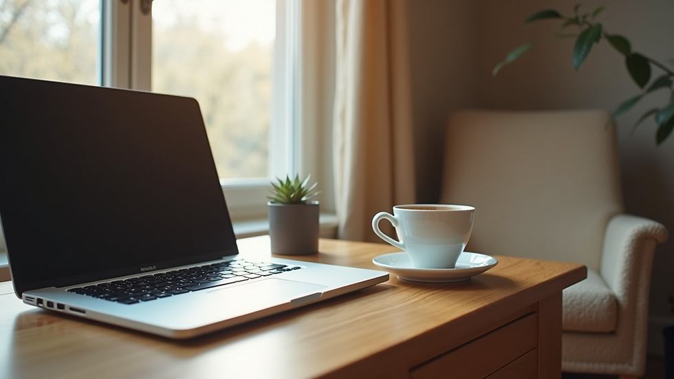 Eye-level view of a cozy home office setup with a laptop and a cup of tea