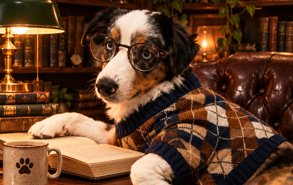 Kodiak, an adorable Mini Australian Shepherd wearing a cozy plaid sweater on Hayden Island in Portland, Oregon. Featured in a personal puppy-sitting story by Doggywalkie.