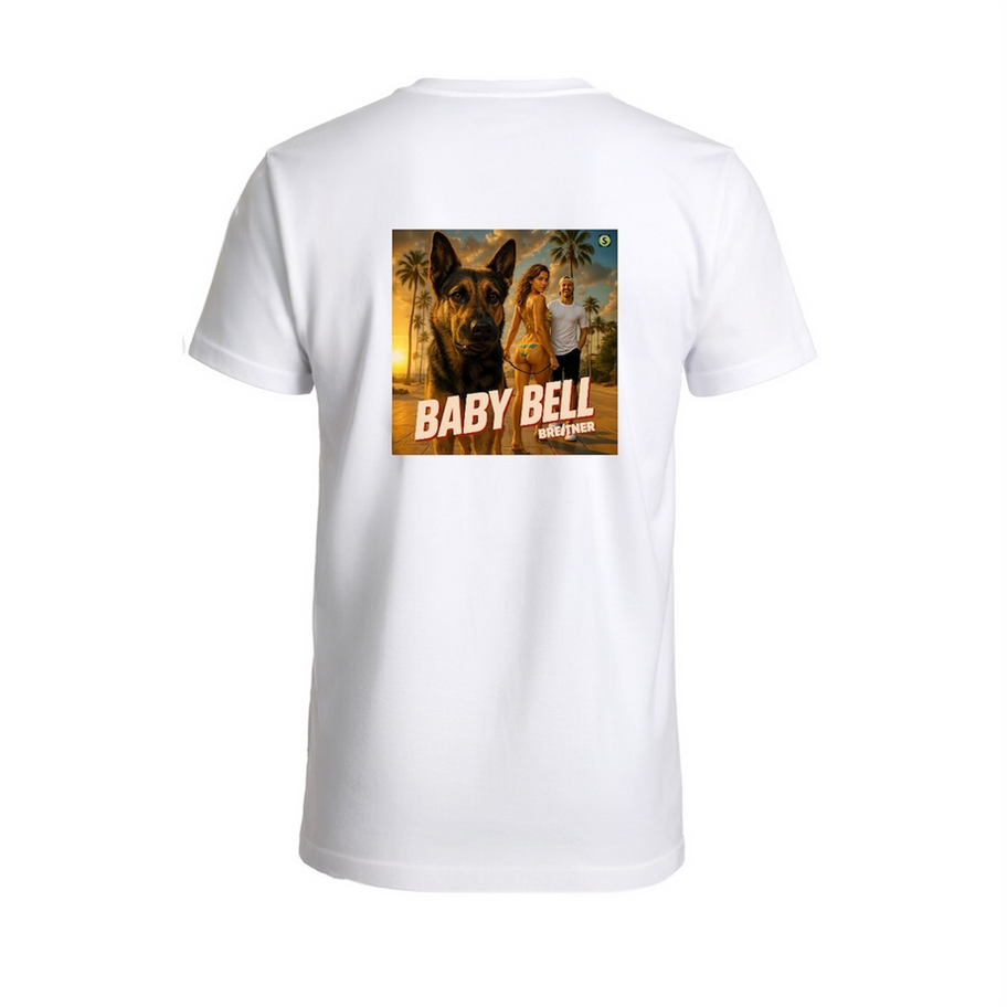 Weißes T-Shirt Rückenansicht mit dem Cover des Songs Baby Bell