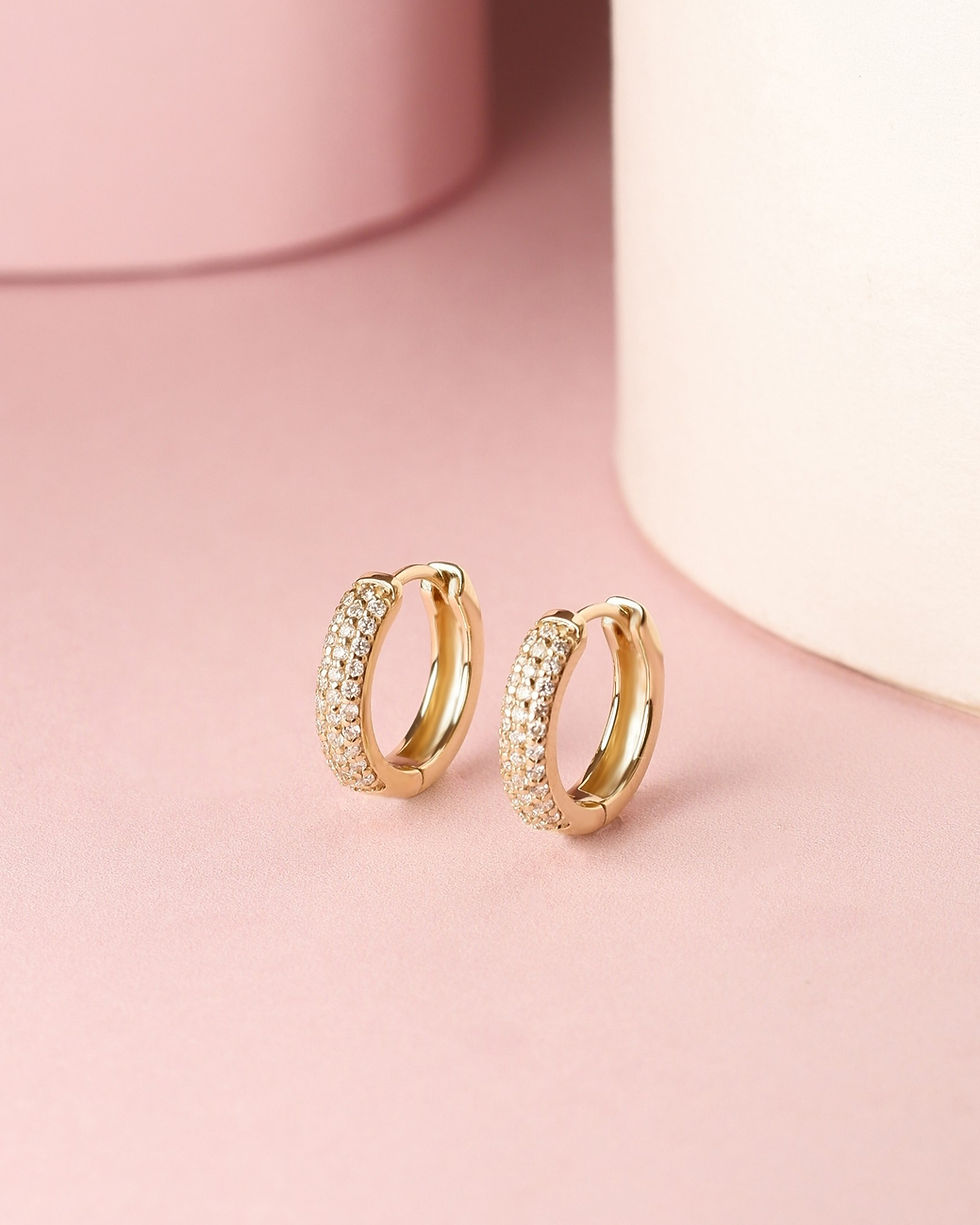 ภาพขนาดย่อ: ต่างหูห่วงทองแท้ 9K Rose Gold Small Thick Hoop Pave Huggies