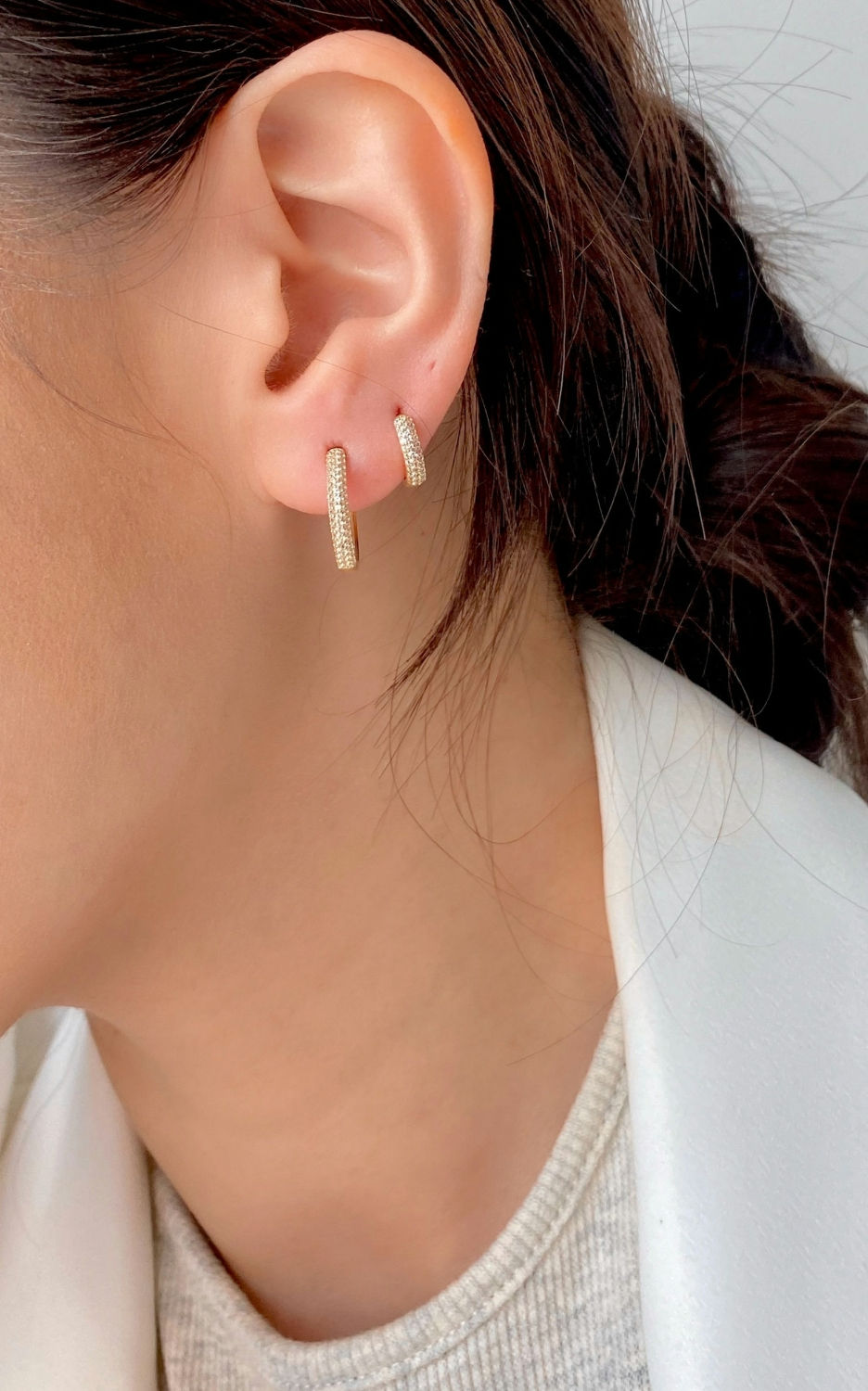 Thumbnail: Thick Hoop Huggies with Pavé Gemstone 9k Yellow Gold