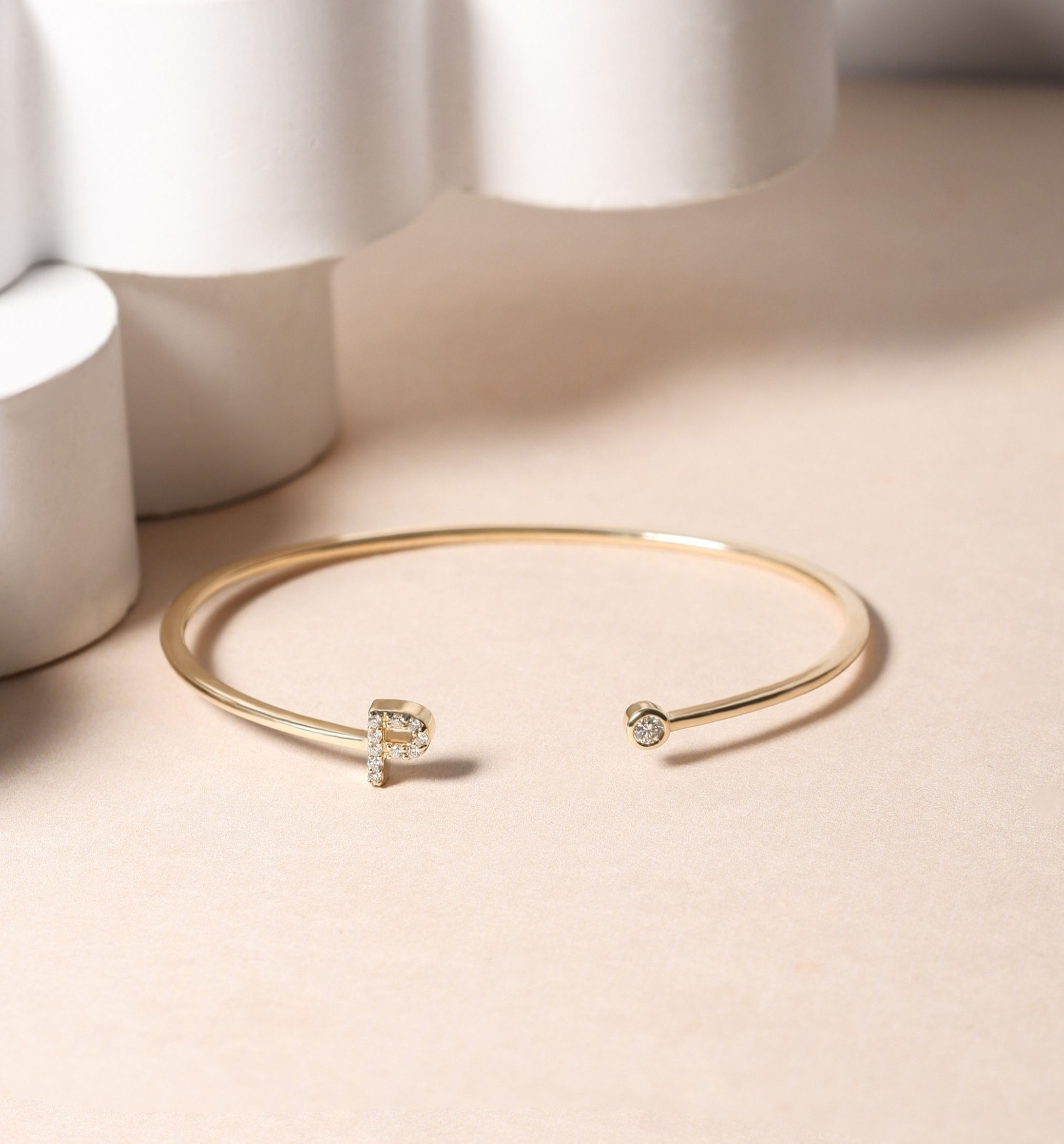 Initial P Diamonds Bangle 9K Yellow Gold