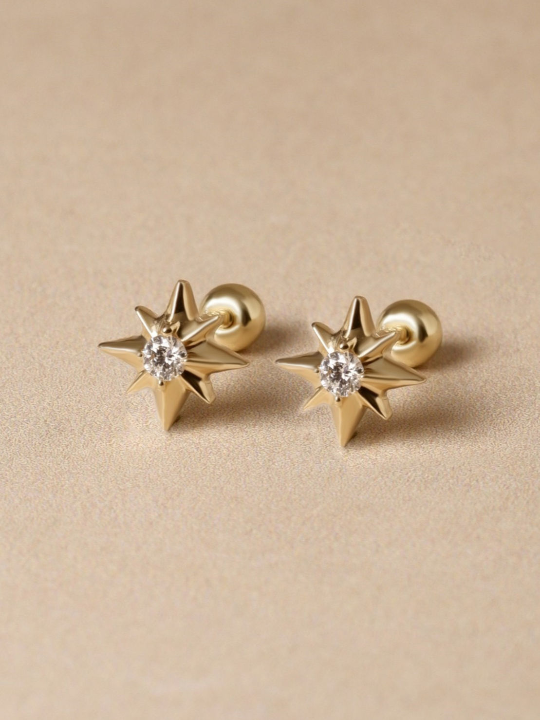 ต่างหูปักก้านทองแท้ 9k เพชรแท้ Starburst Studs With Diamond (แป้นหมุน)