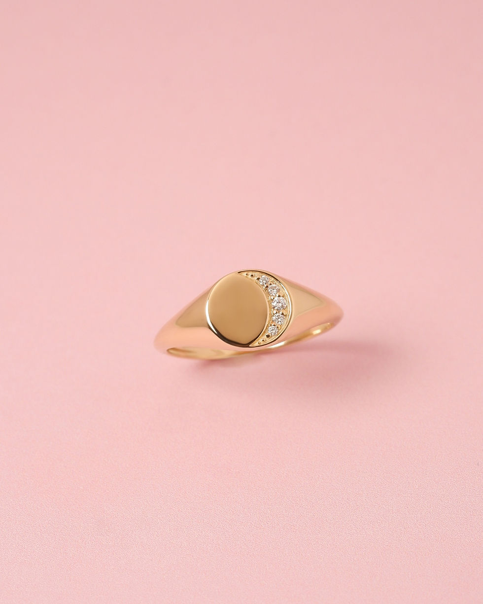 Thumbnail: Signet Crescent Moon Ring with Diamond 9k Yellow Gold