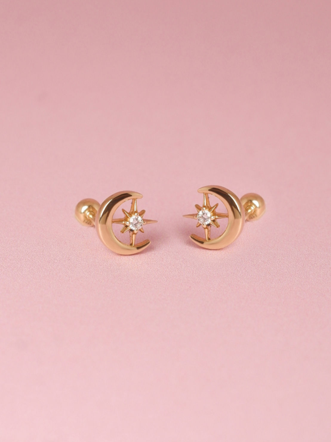 ต่างหูปักก้านทองแท้ 9KCrescent Diamond (แป้นหมุน)