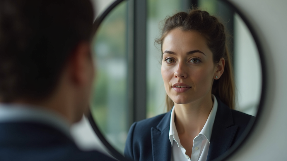 Close-up view of a person practicing MBA interview questions in front of a mirror