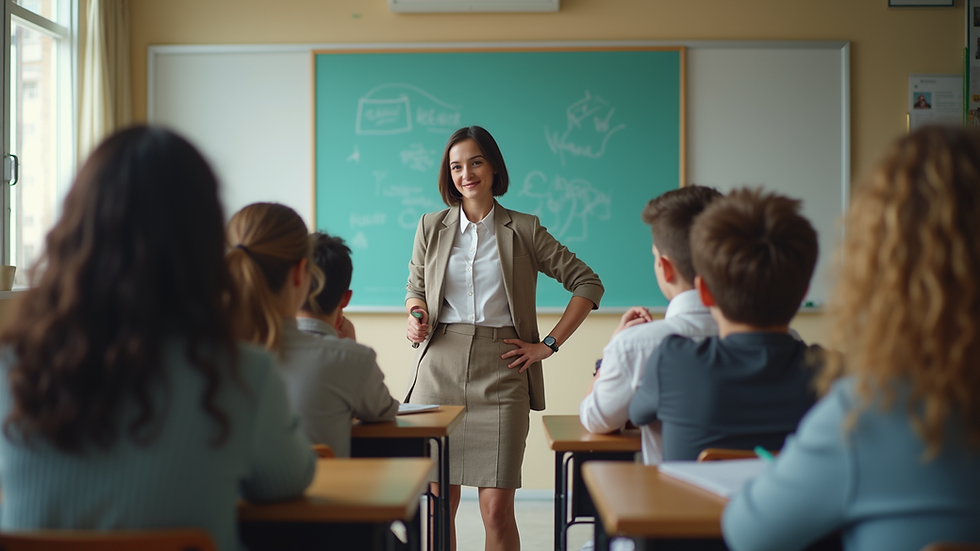 Eye-level view of a classroom with engaged students and a teacher