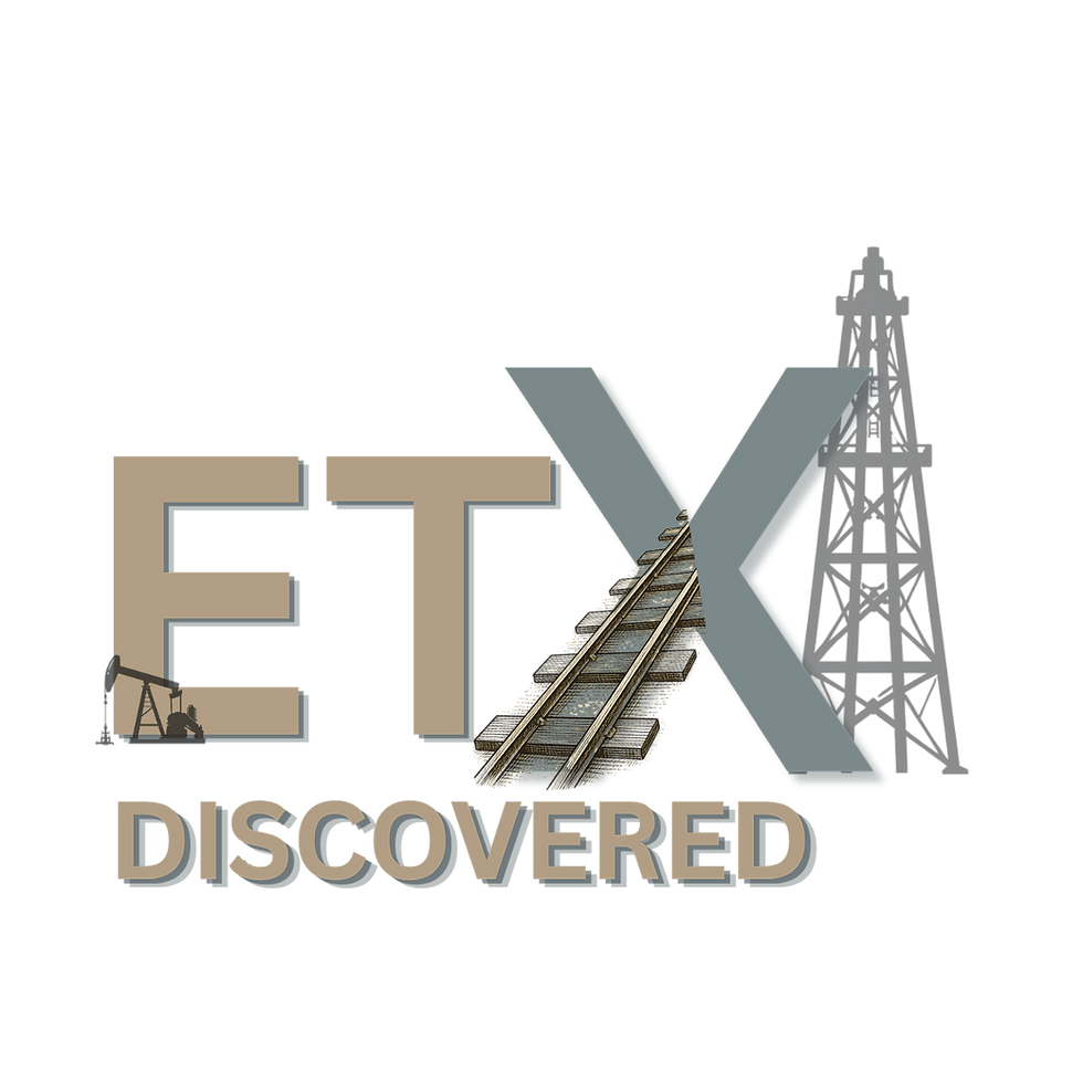 ETX Discovered logo picturing oil derrick and railroad tracks