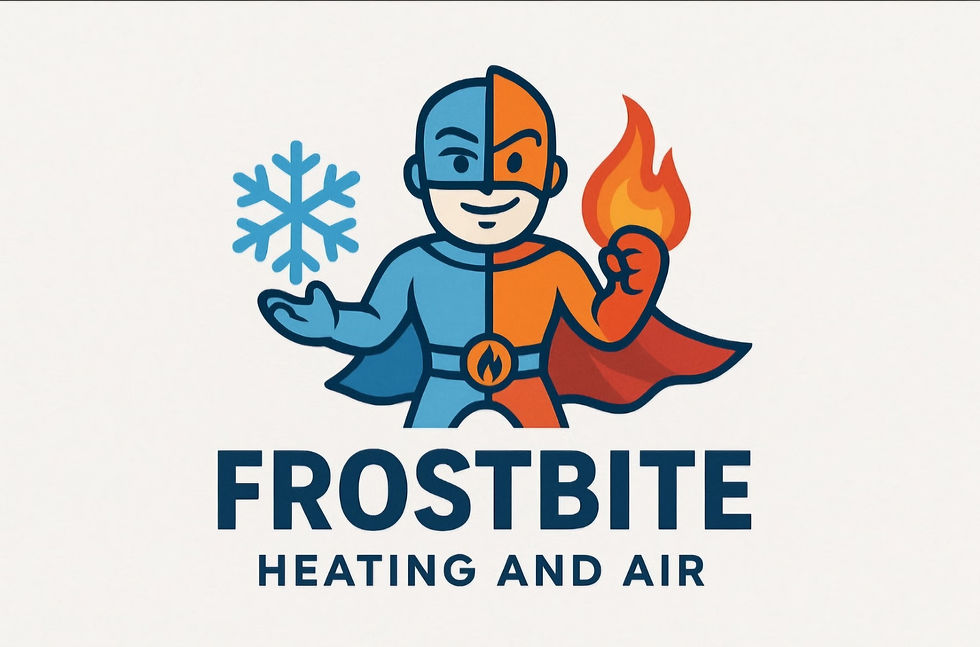 Frostbite Heating & Air LLC logo showing HVAC superhero mascot representing heating and cooling.