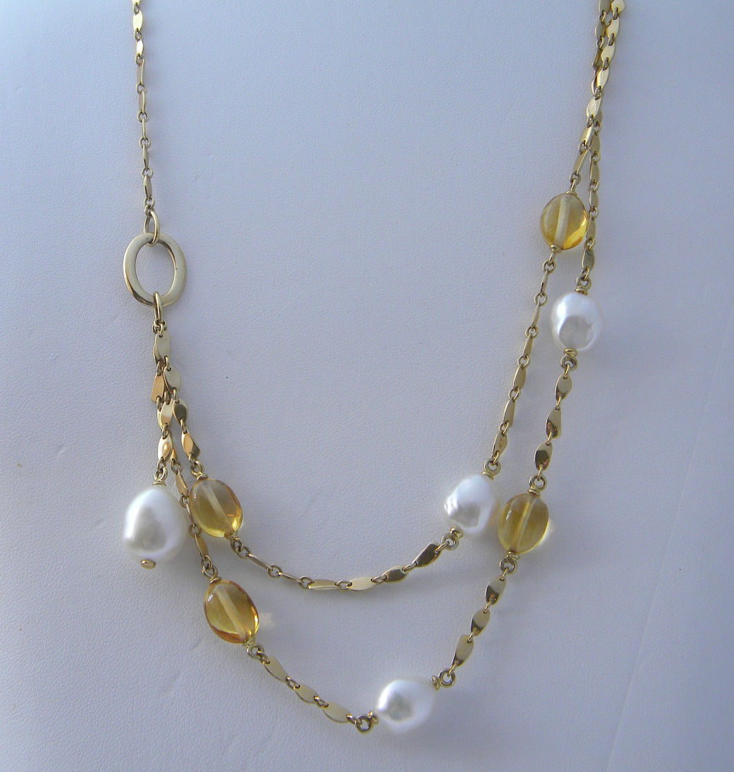 14K Yellow Gold Citrine/Pearl Fancy Necklace