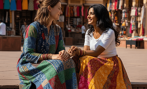Patchwork clothing wore by an indian lady and a american lady in jaipur landscape.png