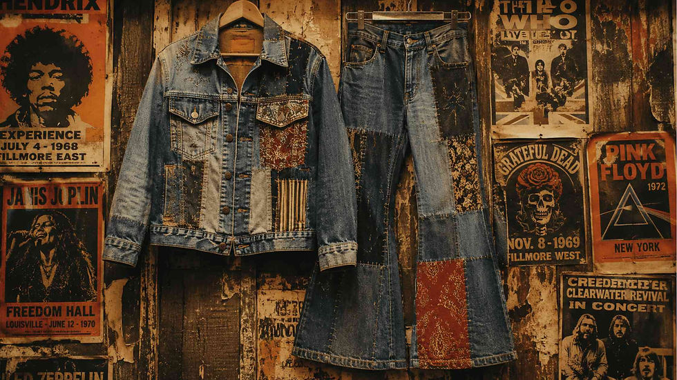 Patchwork denim jacket and flared patchwork jeans hung against a wall of vintage 1960s and 70s concert posters including Janis Joplin and Jimi Hendrix