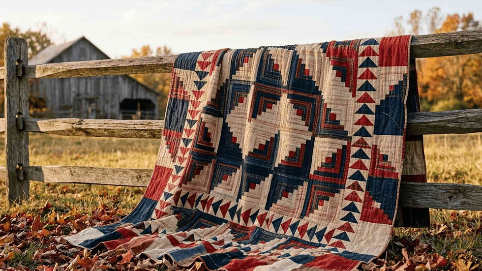 Antique American patchwork quilt with log cabin and flying geese patterns in red, navy, and cream draped over a wooden farmhouse fence in autumn