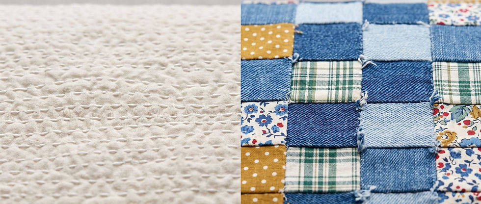 Split image comparing kantha running stitch texture on the left and denim floral patchwork panel on the right