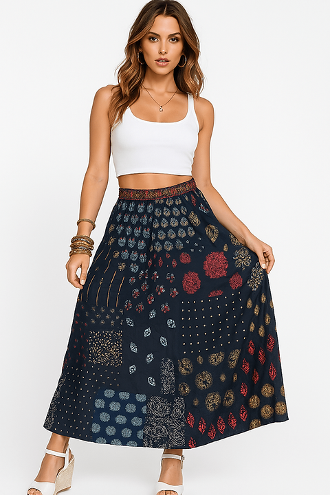 Matching Tones Patchwork Long Skirt (Upcycled) | Anamica Fashion