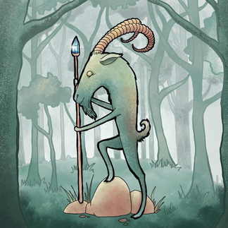 A creature with goats head and horns stands upright on a rock, holding a staff with glowing crystal in green, dream-like woodland scene. Cartoon feel.