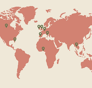 World map in pink with green pins