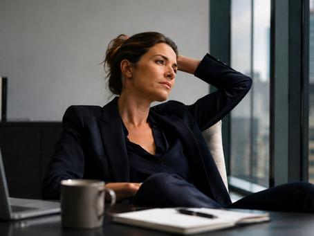 A modern professional sitting in a sleek office, looking exhausted and reflecting on their executive mental fitness and cognitive fatigue.