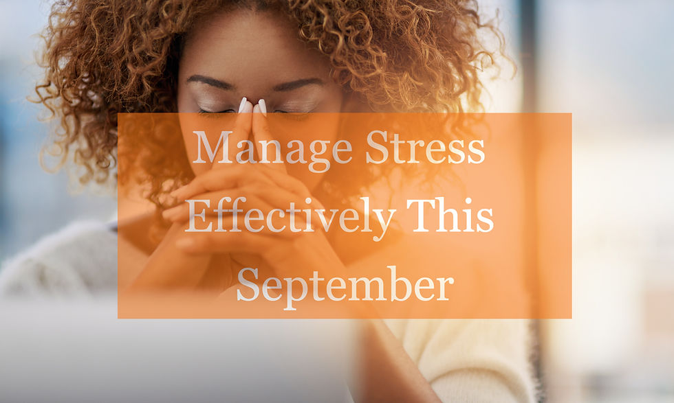Woman with closed eyes and hands together appears thoughtful. Text reads "Manage Stress Effectively This September" over a soft orange overlay.