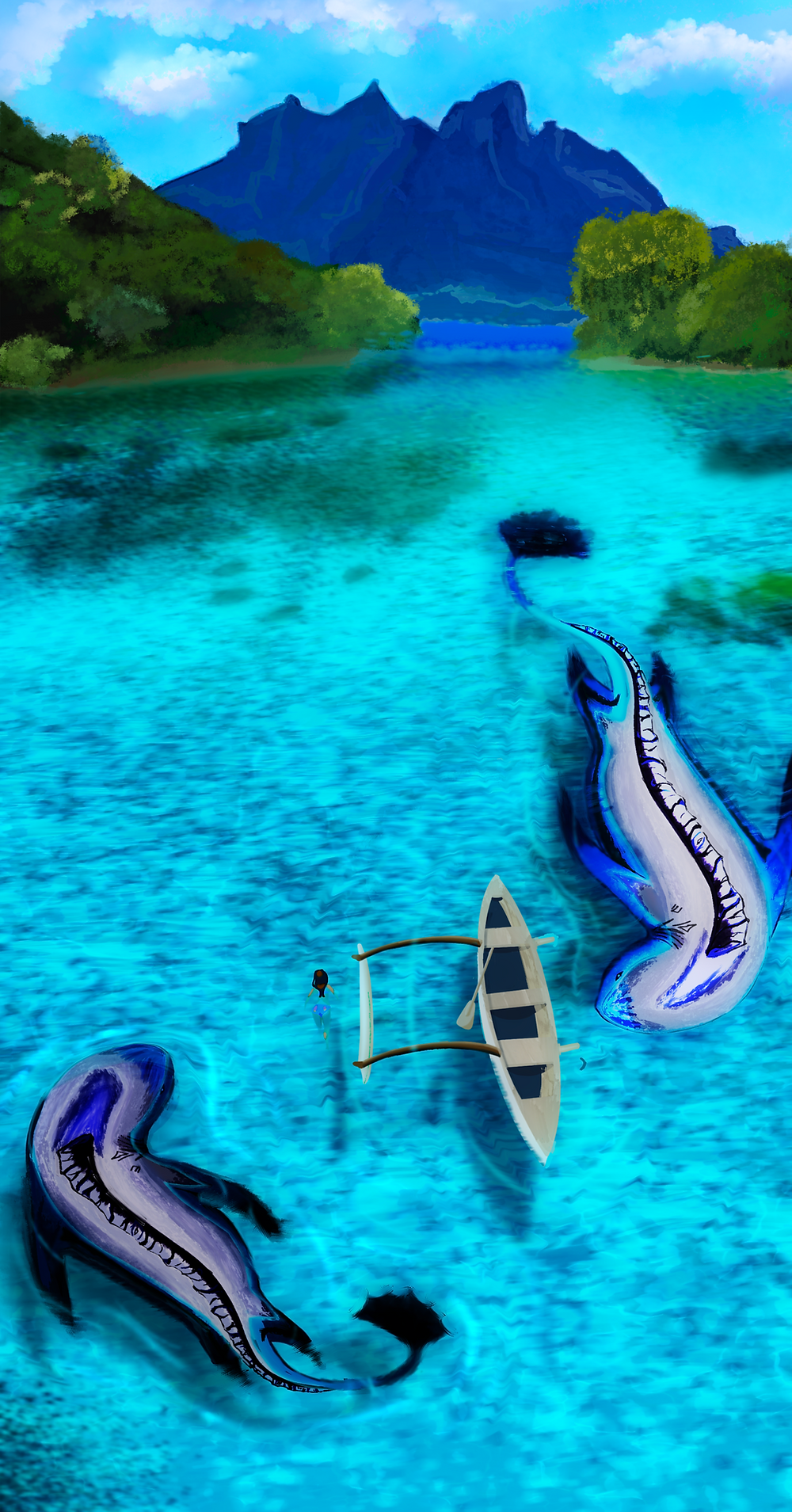 Scenic Perspective of Tropical Island while a figure swims with giant sea creatures.