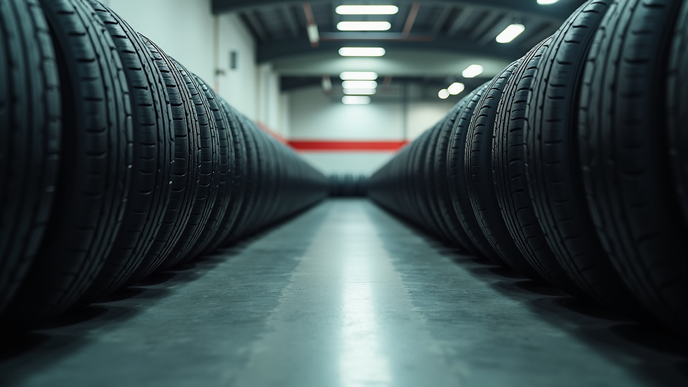 Eye-level view of a tyre shop with rows of tyres neatly arranged