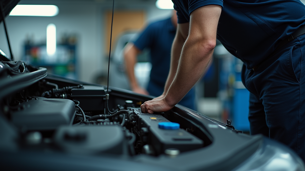 Eye-level view of a car mechanic inspecting a vehicle engine
