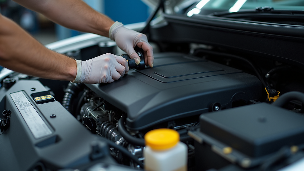 Close-up view of a car engine being inspected during maintenance