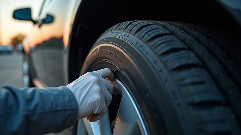 Close-up view of a car tyre being inspected for damage