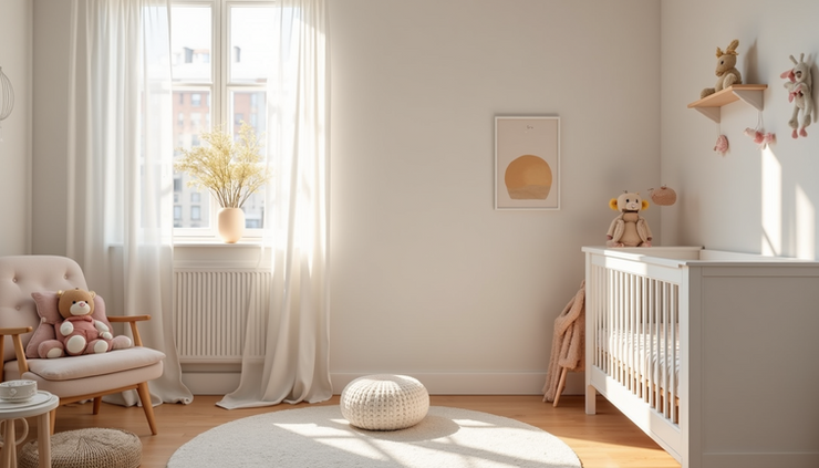 Eye-level view of a neatly arranged newborn nursery with crib and soft toys
