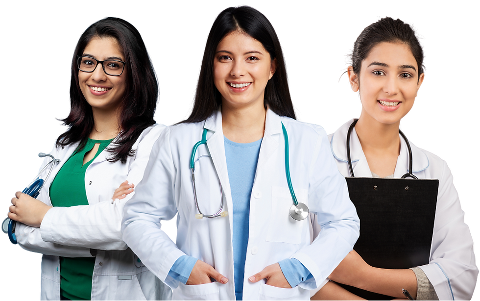A group of three women doctors in white coats, presenting professionalism and expertise.