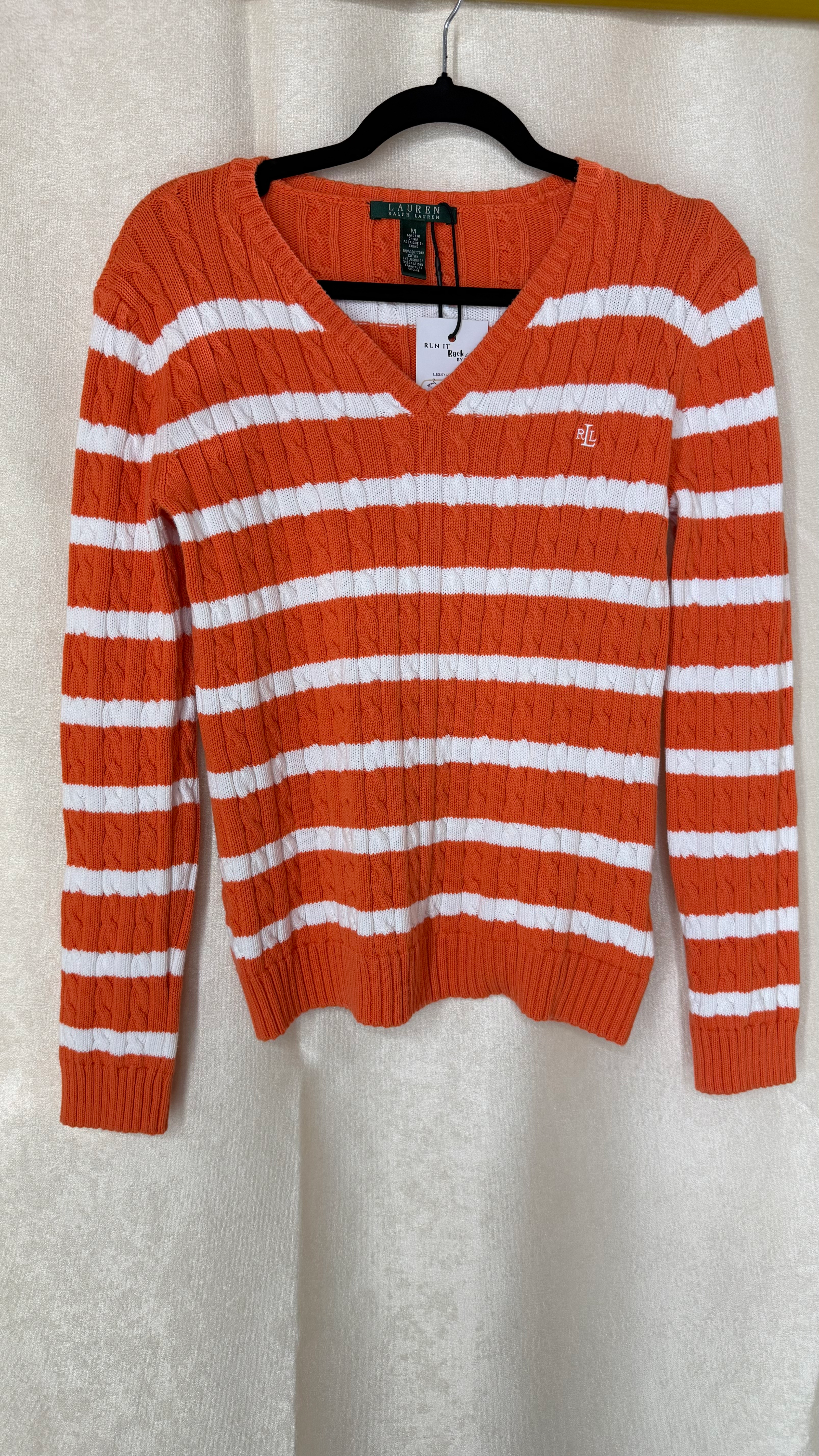 Vtg Ralph Lauren Orange Cotton Striped Cable Knit