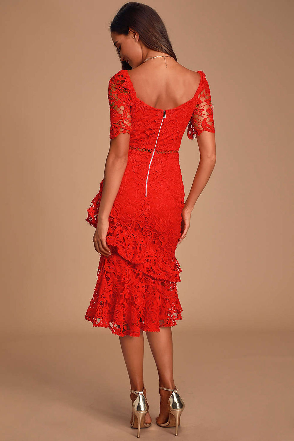 Thumbnail: Briarwood Red Lace Ruffled Midi Dress- S