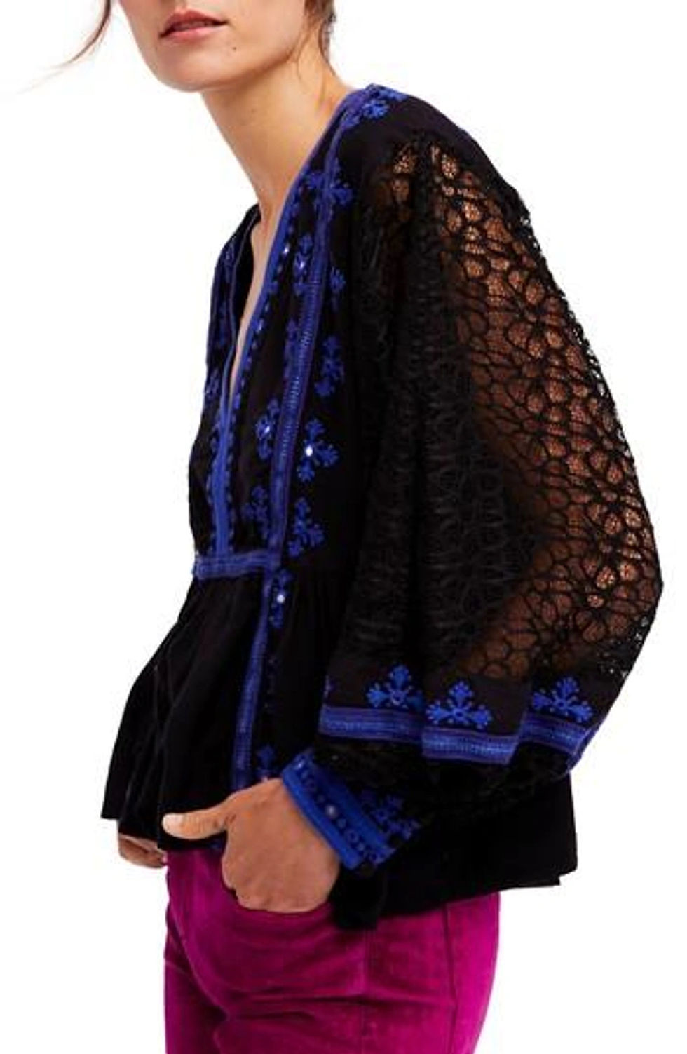 Miniatura: Free People Boogie All Night Peasant Blouse Black/Blue-XS