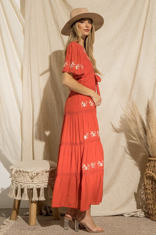 Прев'ю: BeaVely Red Floral Boho Maxi Dress - M