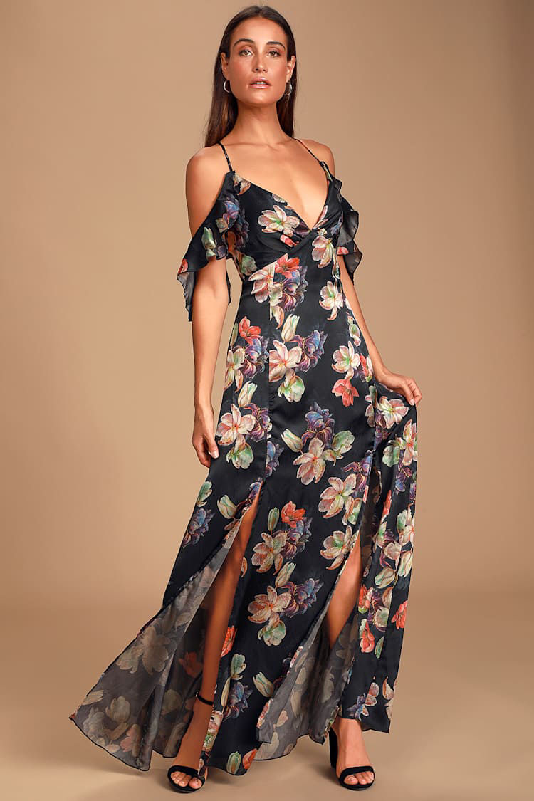 Lulus Belle Epoque Black Floral Satin Cold-Shoulder Maxi Dress- M