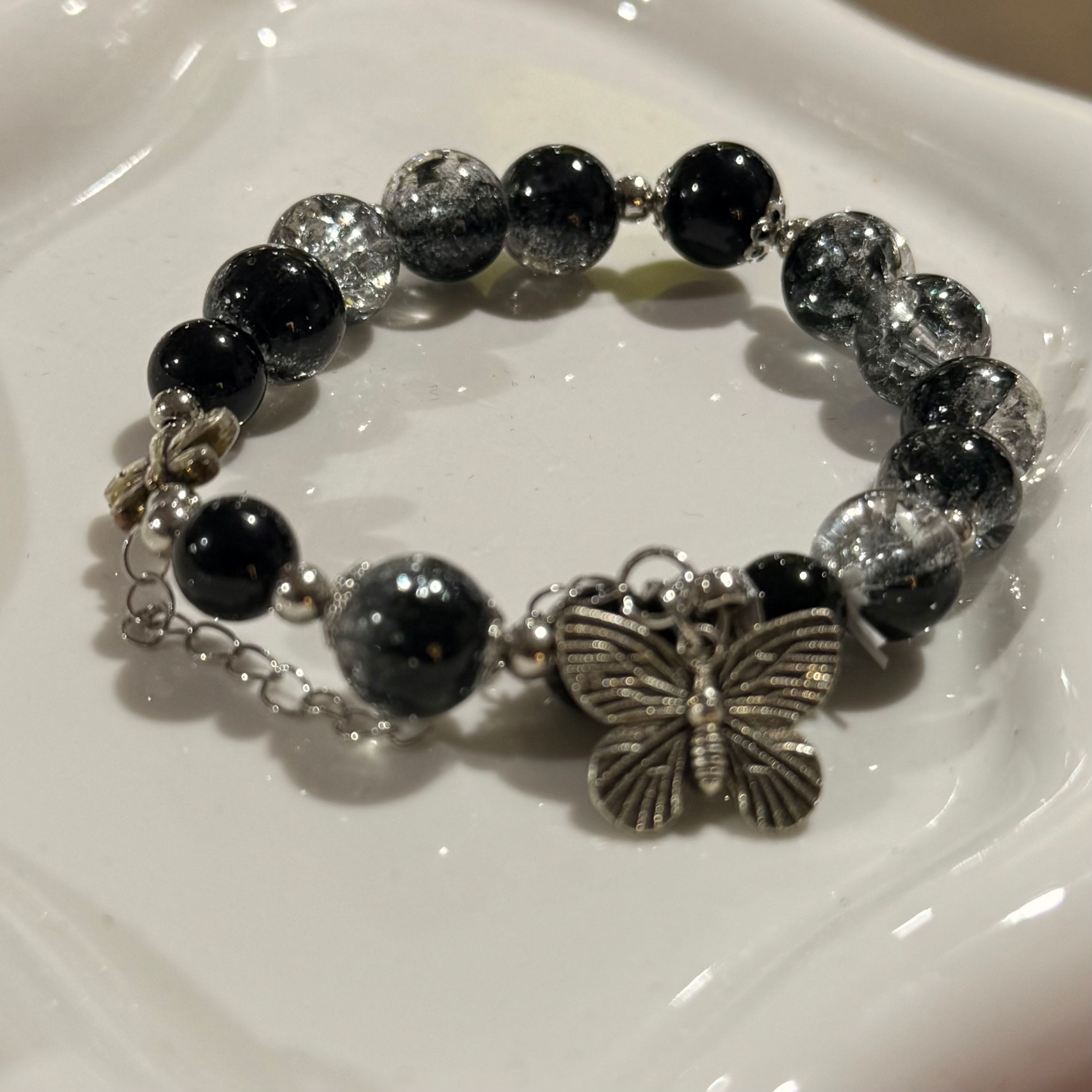 Black Glass Beaded Silver Butterfly Charm Bracelet