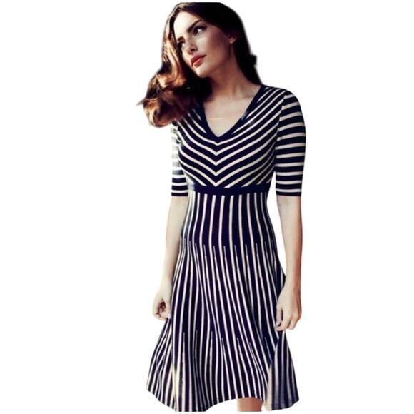 Boden Flattering Wool Knit Blue White Stripe Midi Dress