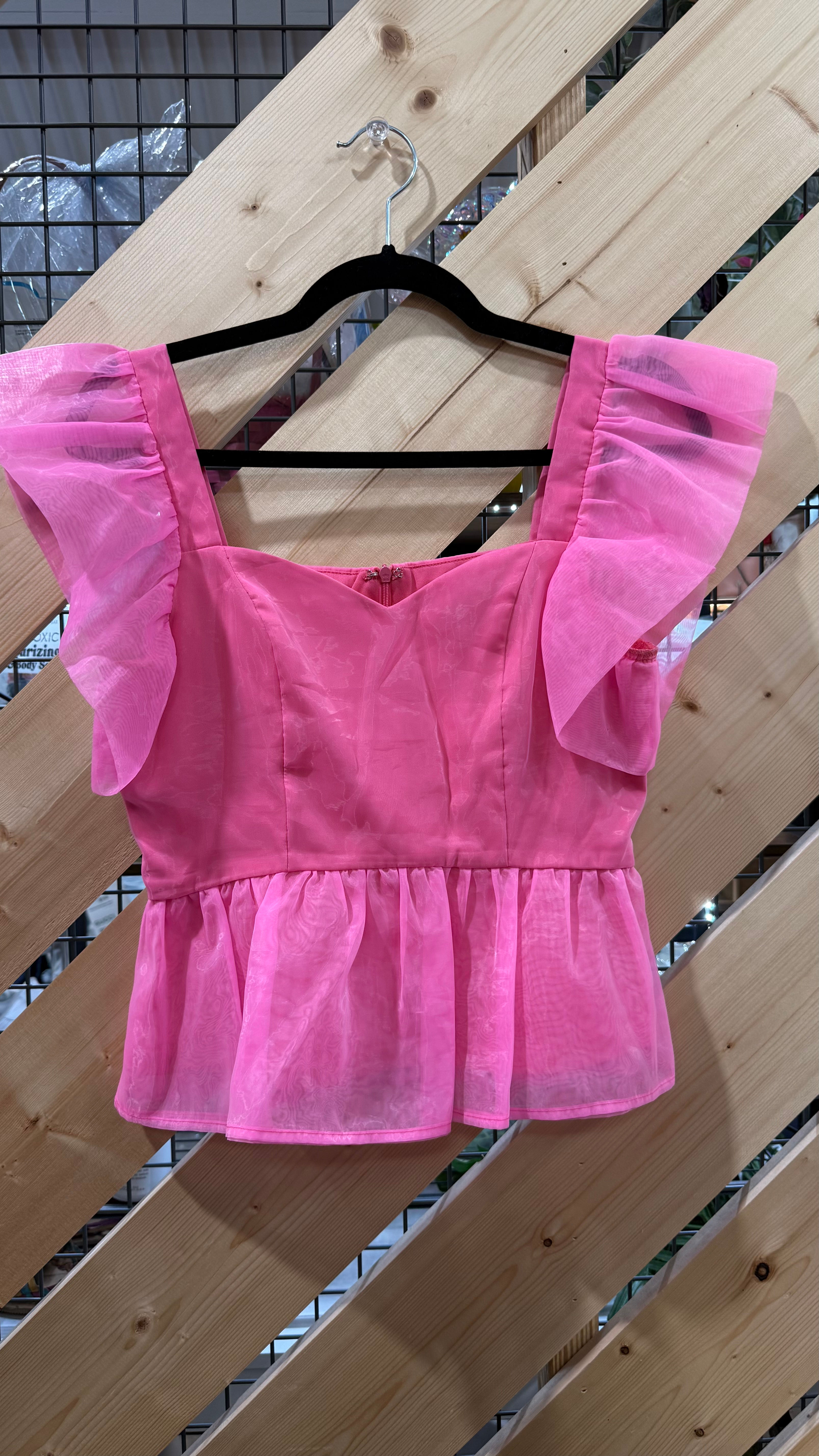 TECE Tot Pink Organza Peplum Top- S