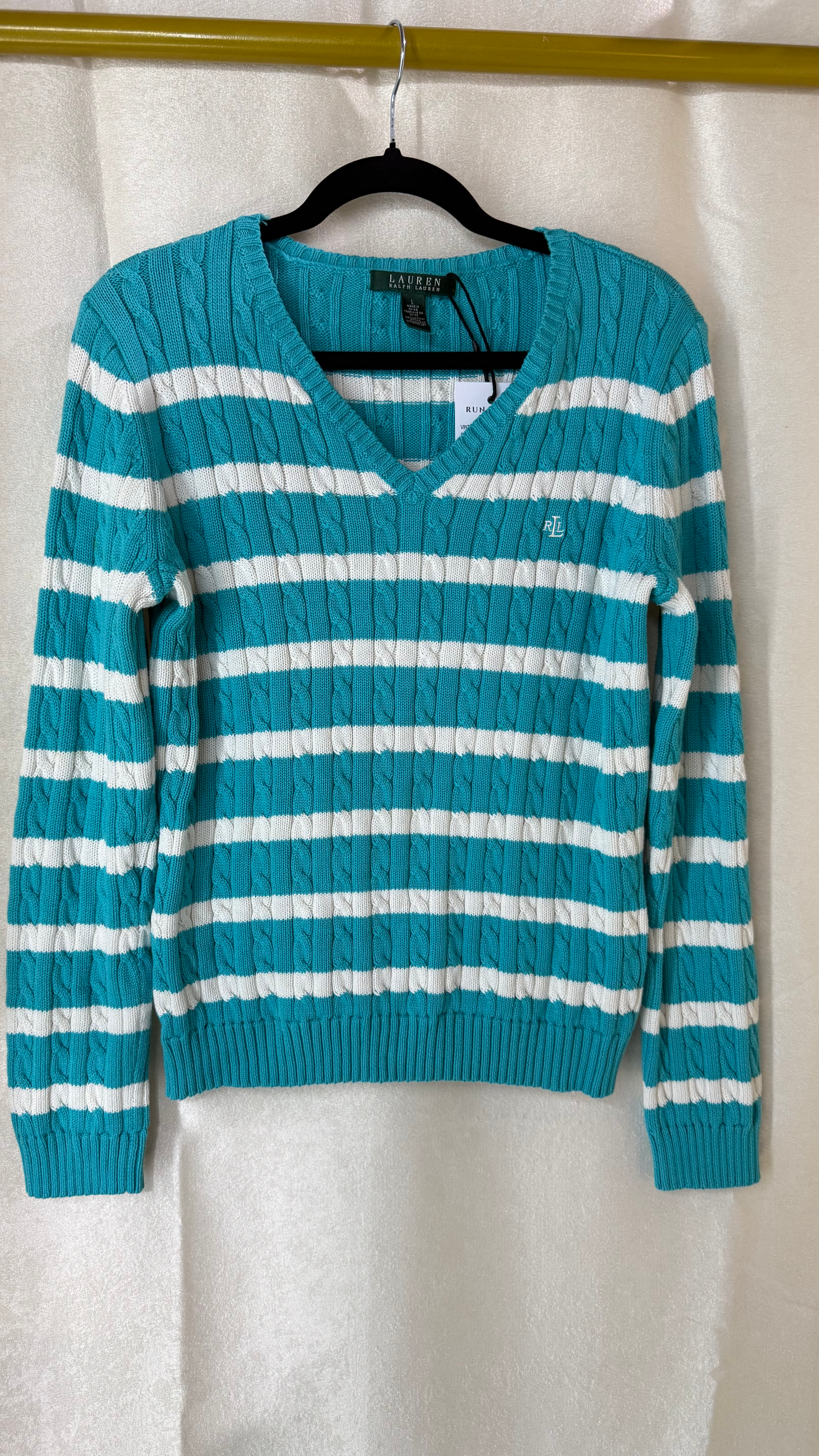 Vtg Ralph Lauren Teal Striped Cotton Cable Knit