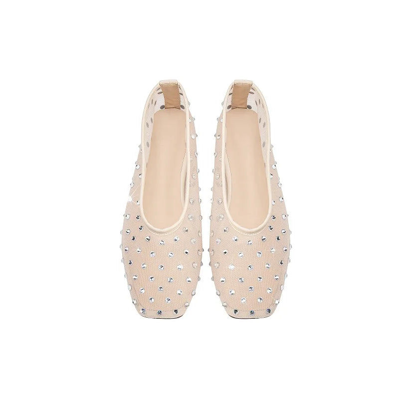 Thumbnail: Rhinestone-studded Tan Mesh Ballet Flats - 38