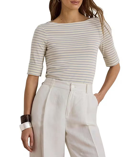 Lauren Ralph Lauren Boat Neck Stretch Cotton Multi Stripe Top- 2X