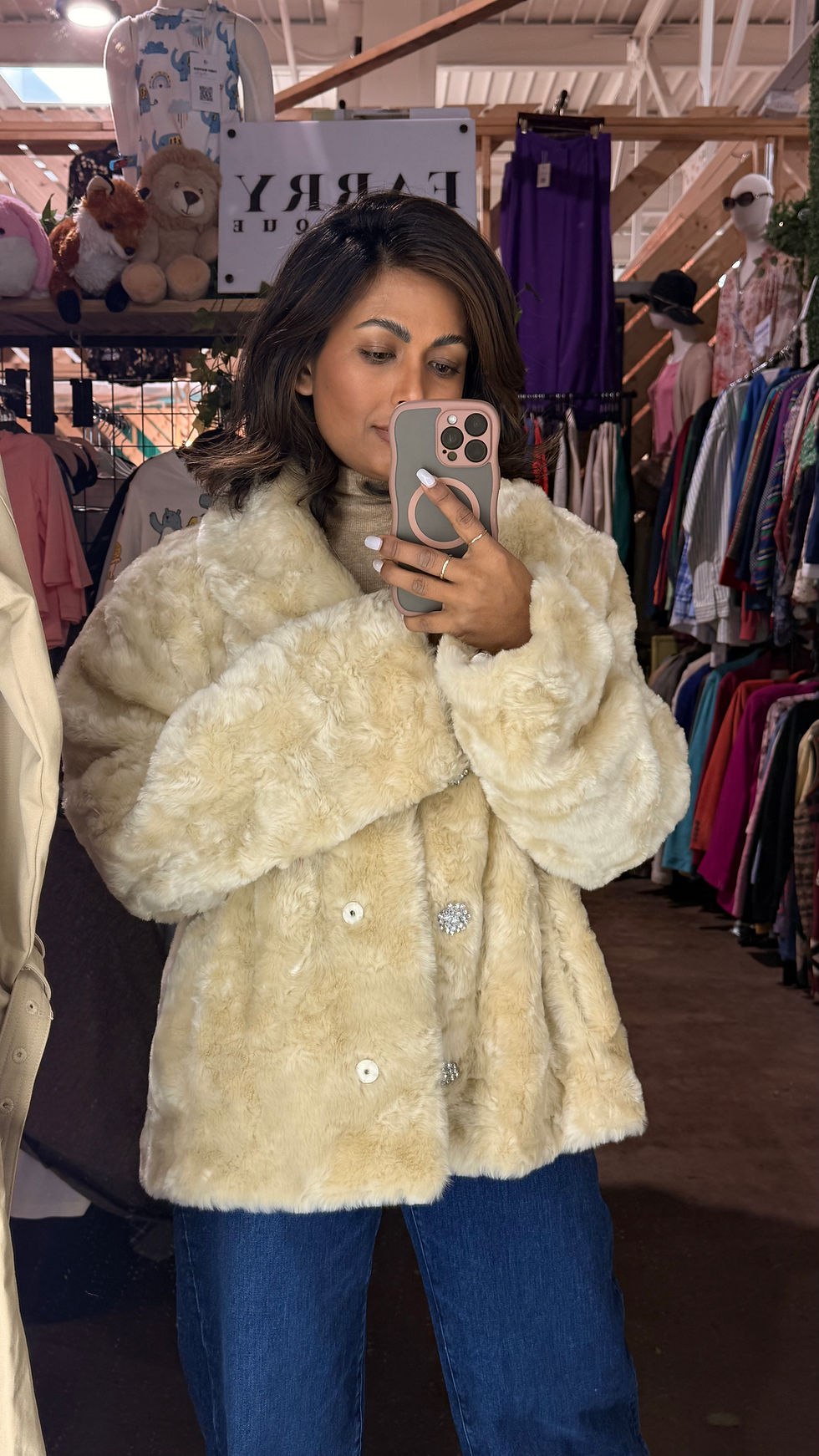 Thumbnail: Vintage Faux Fur Cream Jacket w/Rhinestone Button