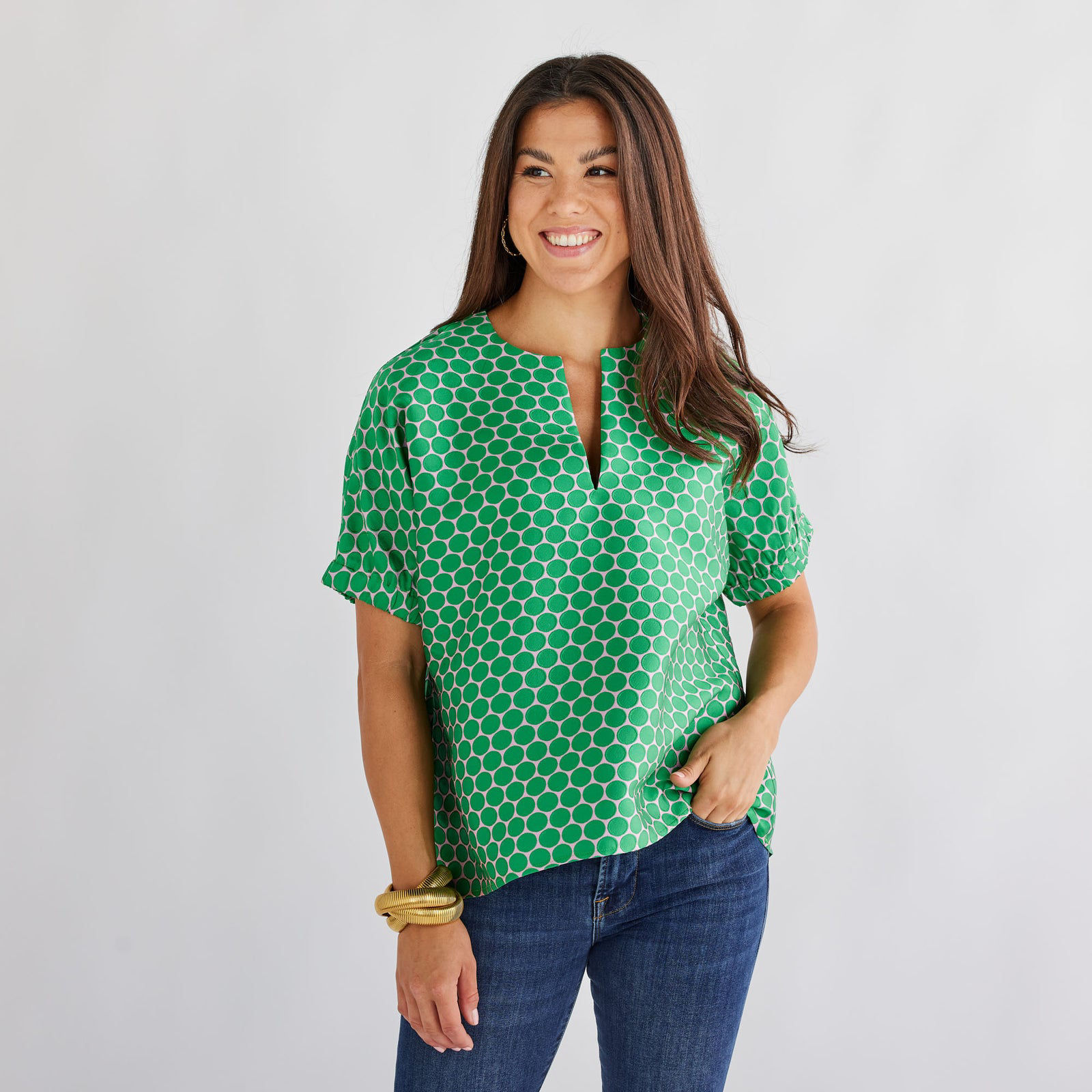 Caryn Lawn Betsy Jacquard Polka Dot Top Kelly