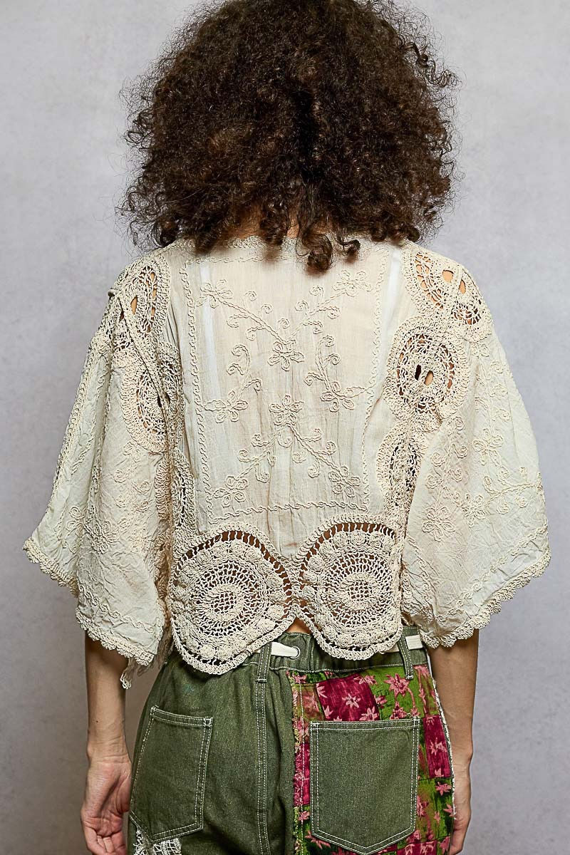 Thumbnail: Scalloped | Natural Crochet 3/4 Sleeve Blouse