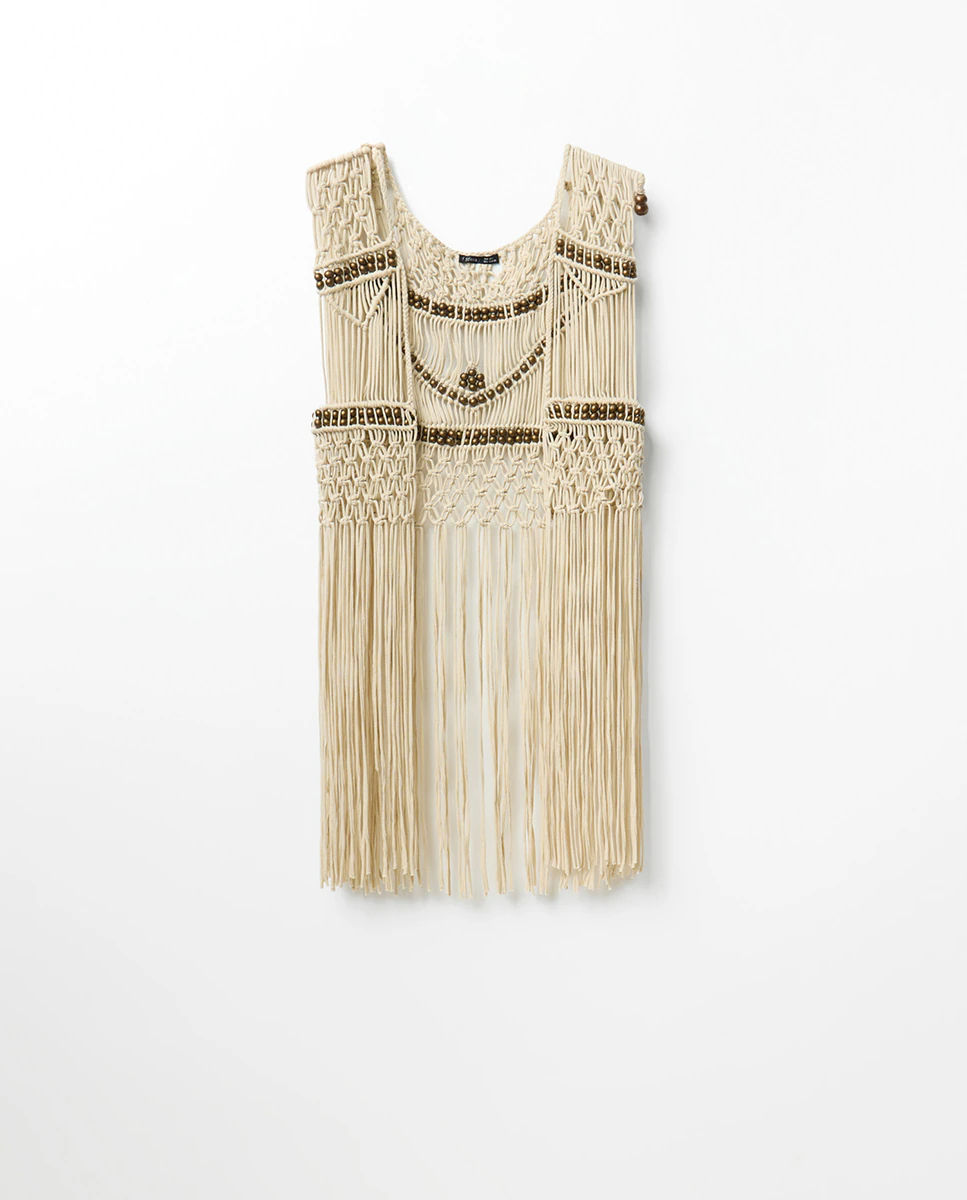 ORIGAMI Ivory Bohemian Macramé Fringe Beaded Vest- OS