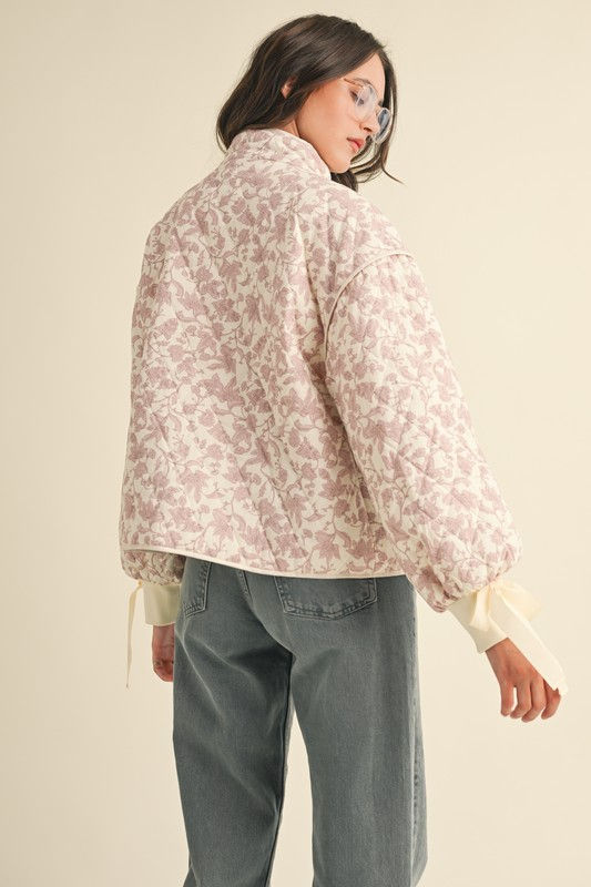 Thumbnail: So Cute | Bow Detail Pink Floral Quilted Jacket