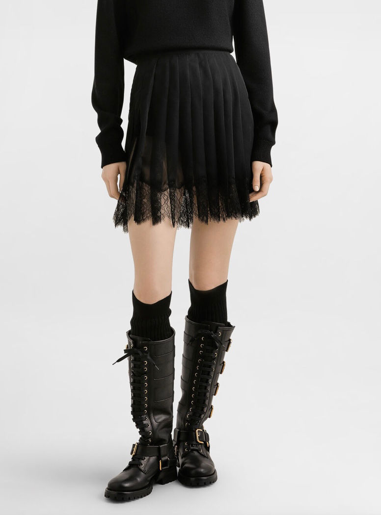 Dolce & Gabbana Style Pleated Lace Detail Mini Skirt- S/M