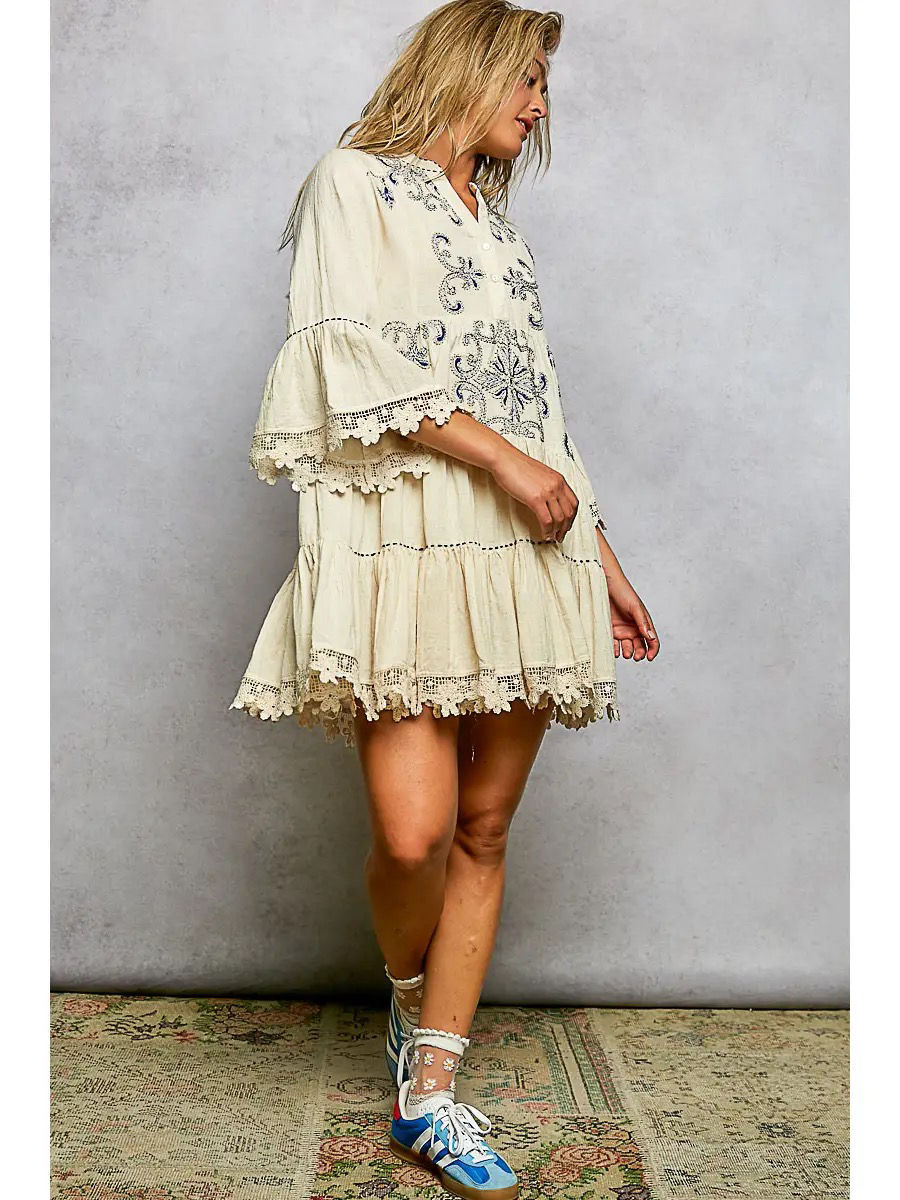 Miniatura: Always A Go-To | Linen V-Neck Lace Embroidery Dress
