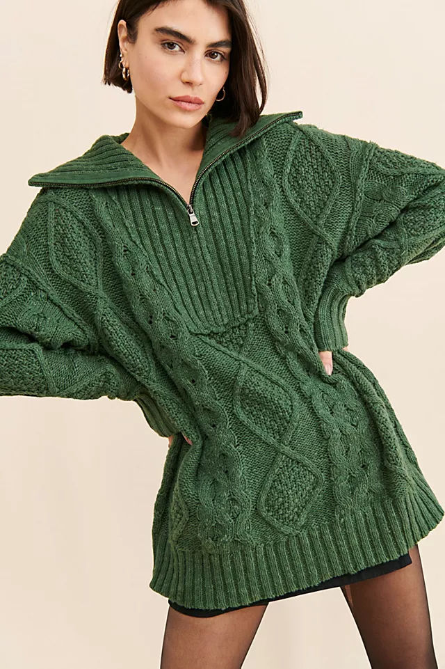Free People Driftwood Cable Polo Oversized Sweater - M