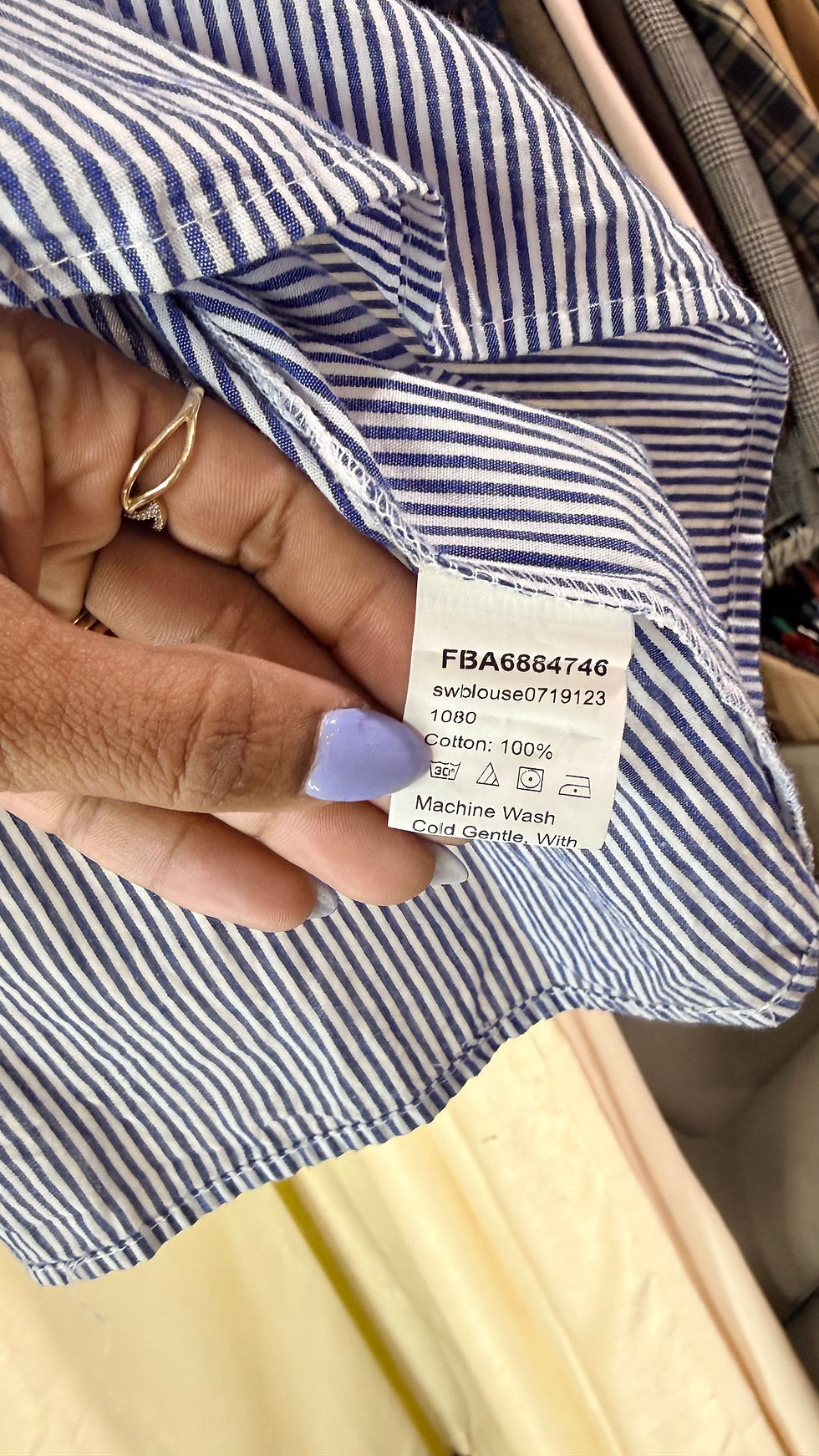 Thumbnail: Embroidered Blue Striped Cotton Ruffled Sleeve Top- S